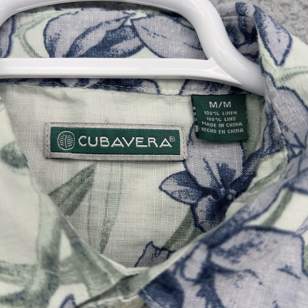 Cubavera Hawaiian Camp Shirt Mens Medium Blue Floral 100% Linen Tropical Aloha - Picture 3 of 9
